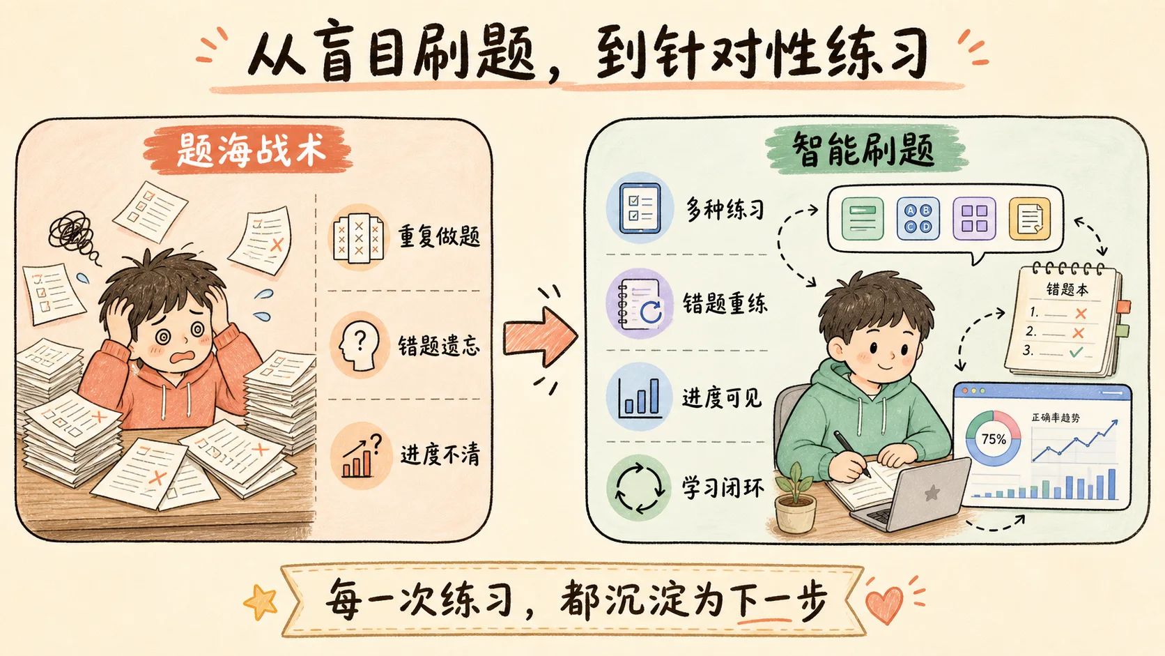 盲目题海战术与针对性题库练习对比,后者支持多种练习、错题重练和进度可见