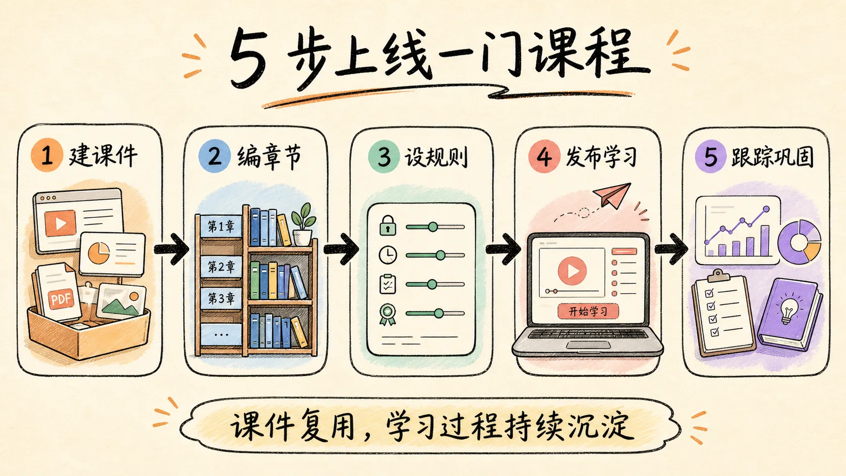 卷王课程学习五步工作流:建课件、编章节、设规则、发布学习和跟踪巩固