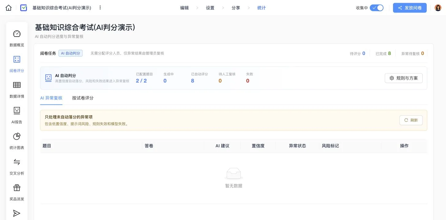 基础知识综合考试 AI 自动判分页面,展示配置题目、自动评分数量和异常复核状态