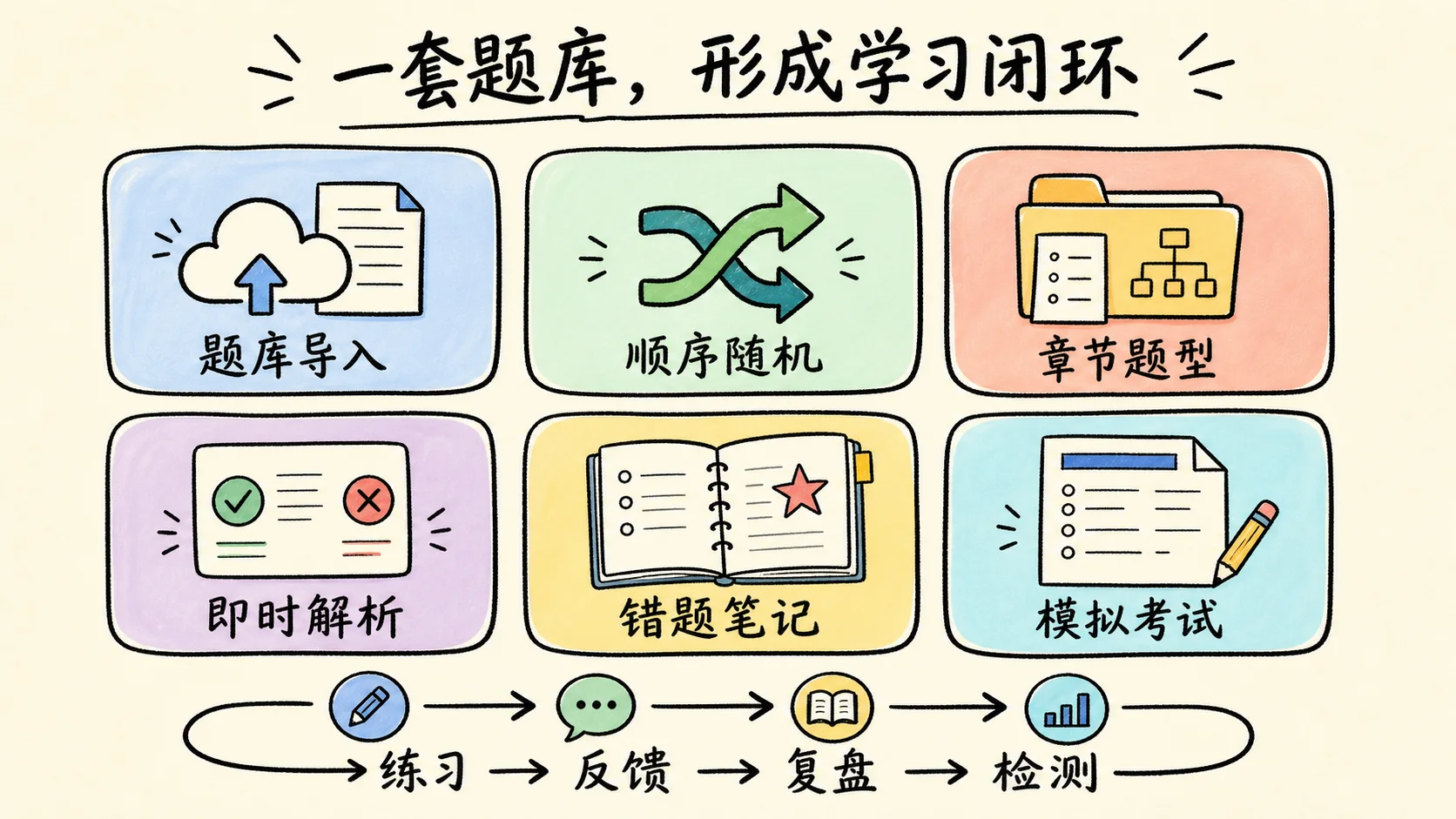 卷王题库刷题完整能力,包括题库导入、顺序随机、章节题型、即时解析、错题笔记和模拟考试