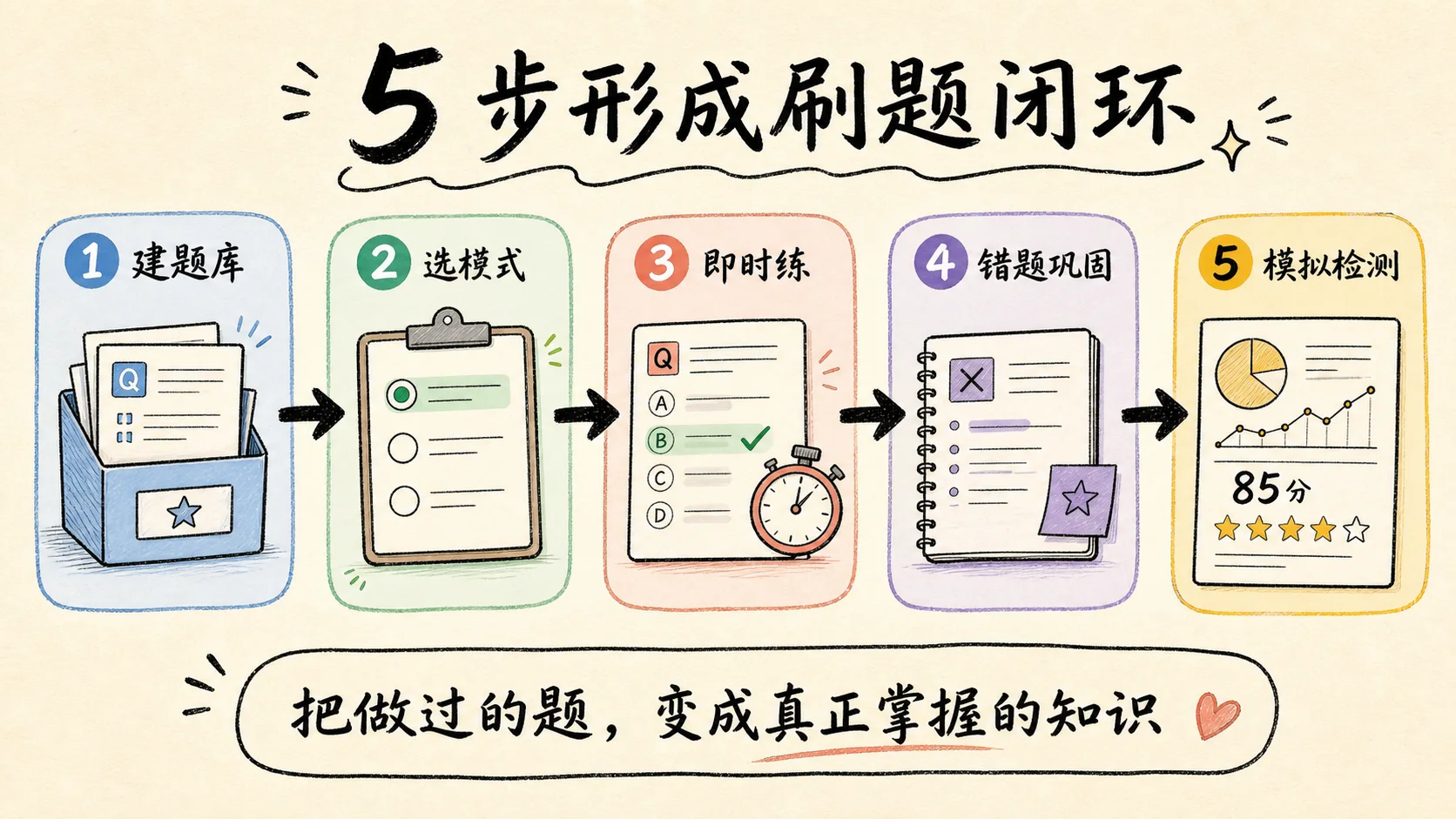 卷王题库刷题五步工作流:建题库、选模式、即时练、错题巩固和模拟检测