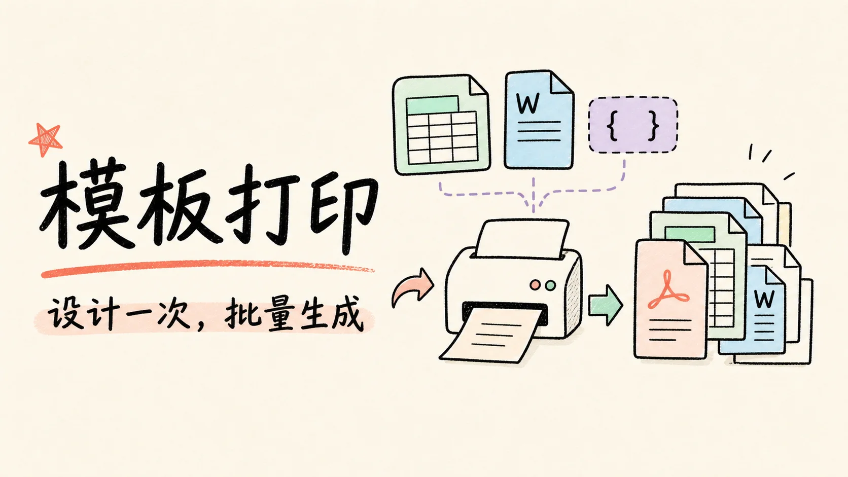 卷王问卷模板打印手绘封面,展示 Excel 和 Word 模板经过变量替换后批量生成规范文档
