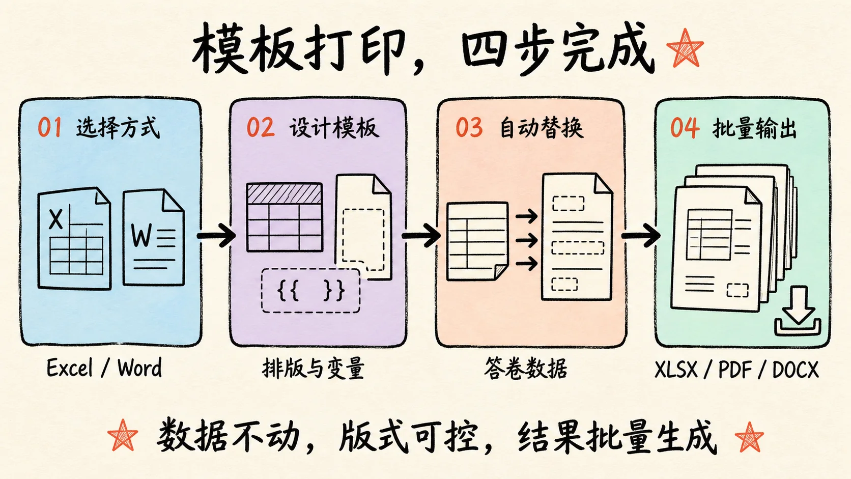 卷王问卷模板打印四步工作流:选择 Excel 或 Word、设计模板、替换答卷数据并批量输出