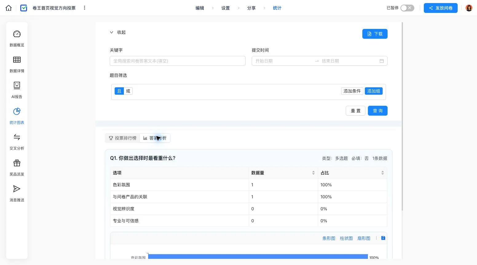 投票答案分析中的数量、占比和图表