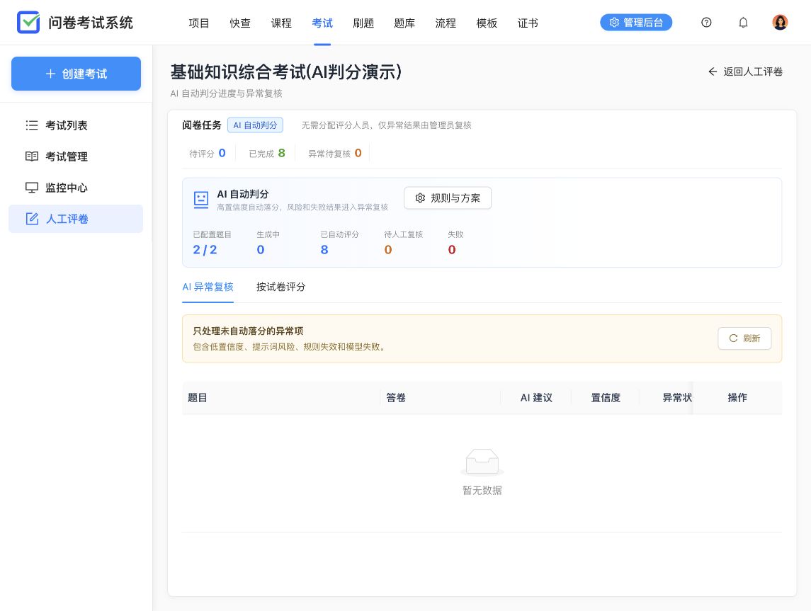 AI 判分进度与异常复核