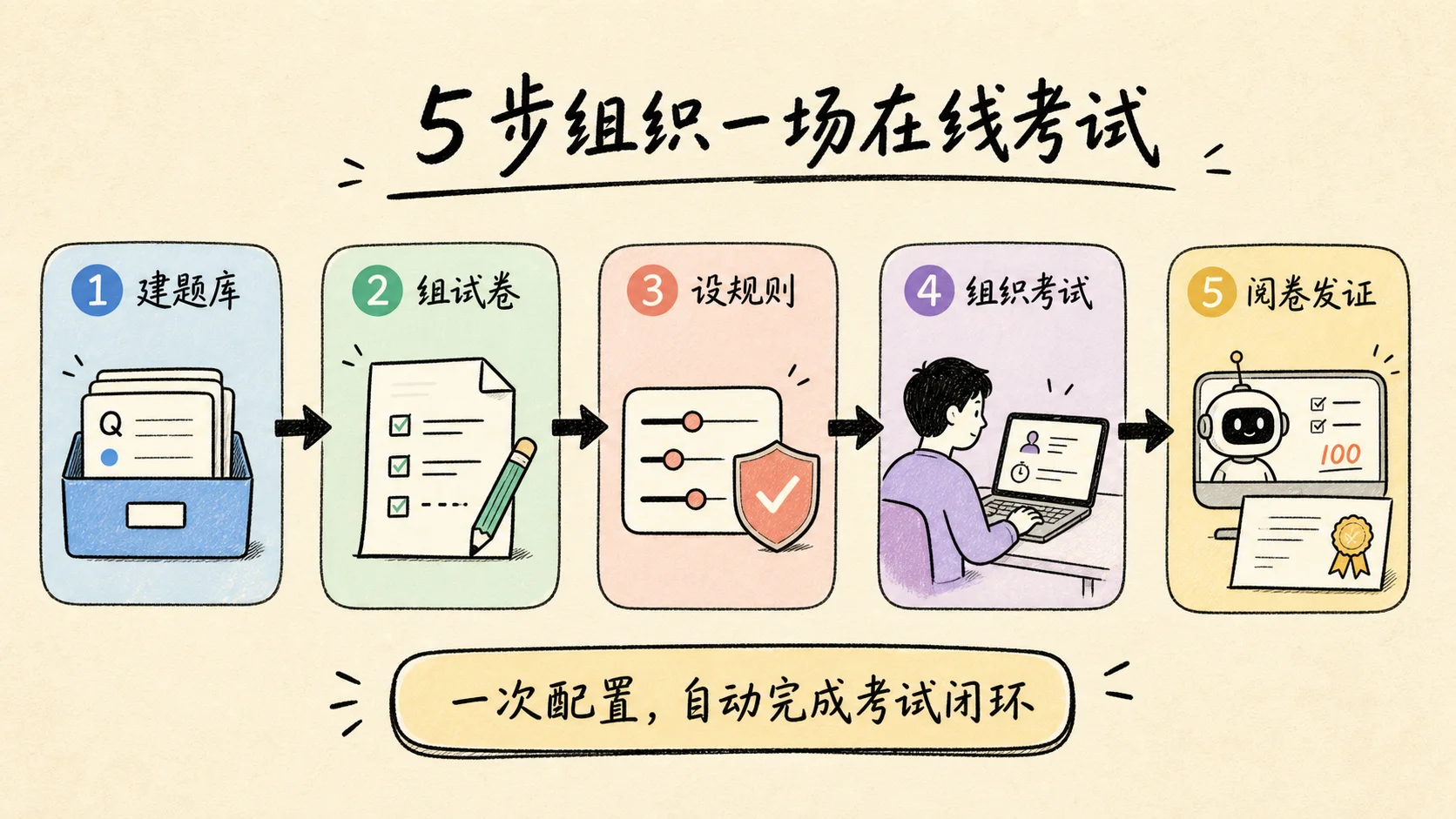 卷王在线考试五步工作流:建题库、组试卷、设规则、组织考试和阅卷发证